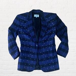 Vintage Cedars purple plaid blazer jacket with rhinestone accent